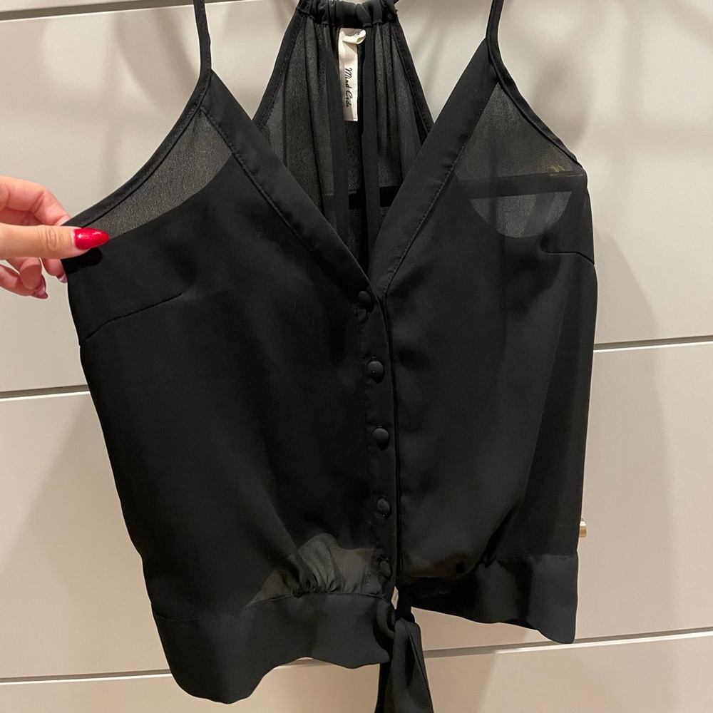 Sheer black top with buttons and waist tie